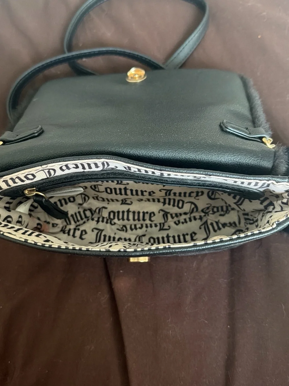 Juicy Couture Black Faux Fur Crossbody with Gold Logo